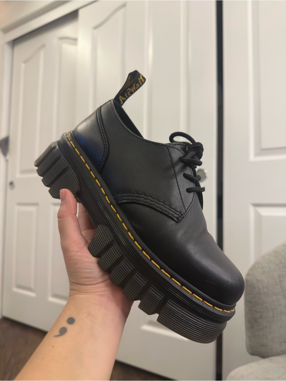 Dr. Martens Black Lace-Up Chunky Sole Oxford with Yellow Stitching